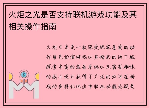 火炬之光是否支持联机游戏功能及其相关操作指南