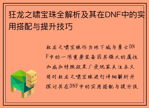 狂龙之啸宝珠全解析及其在DNF中的实用搭配与提升技巧